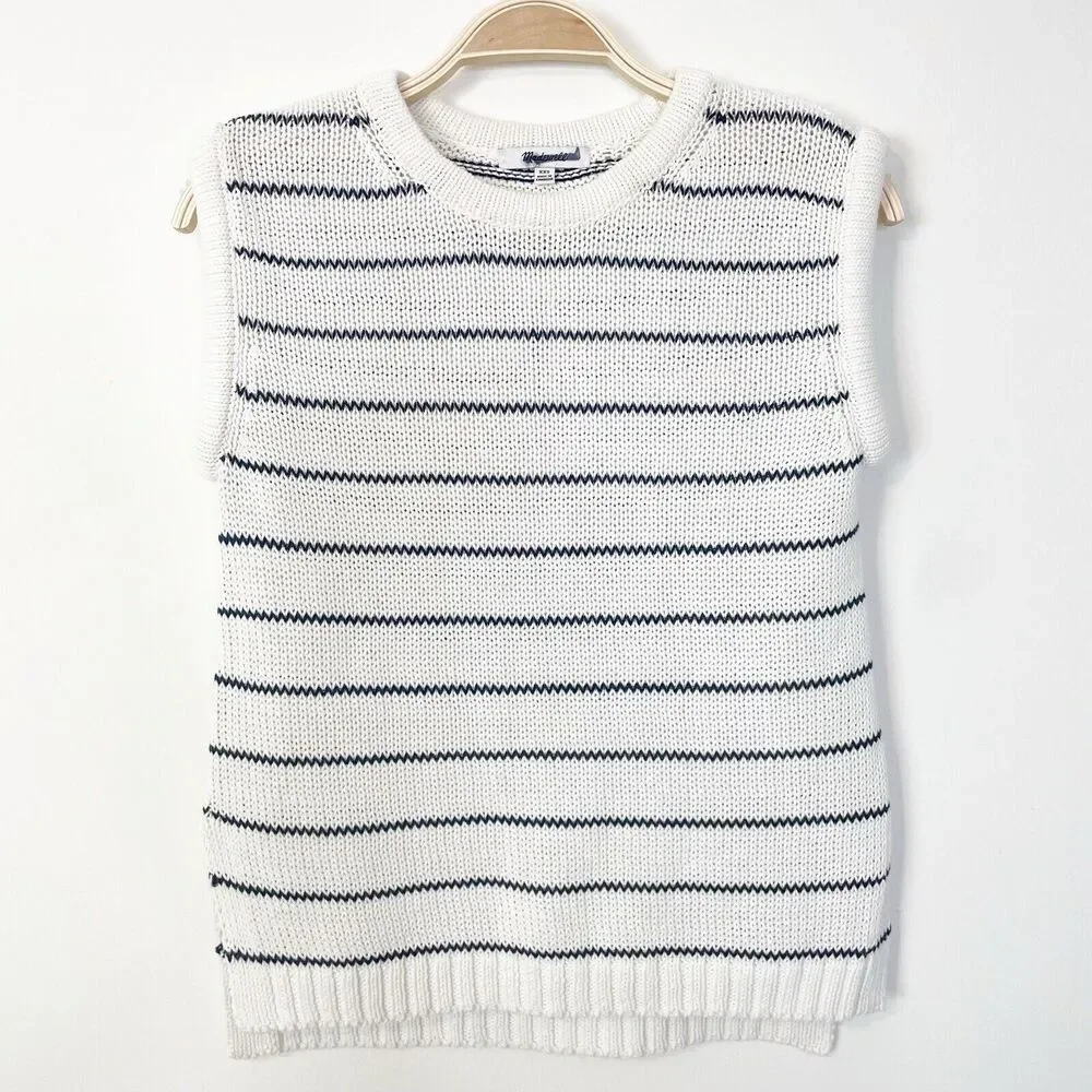 Madewell Puff-Trim Sweater Vest in Stripe Bright Ivory‎ Navy Size XXS NQ977